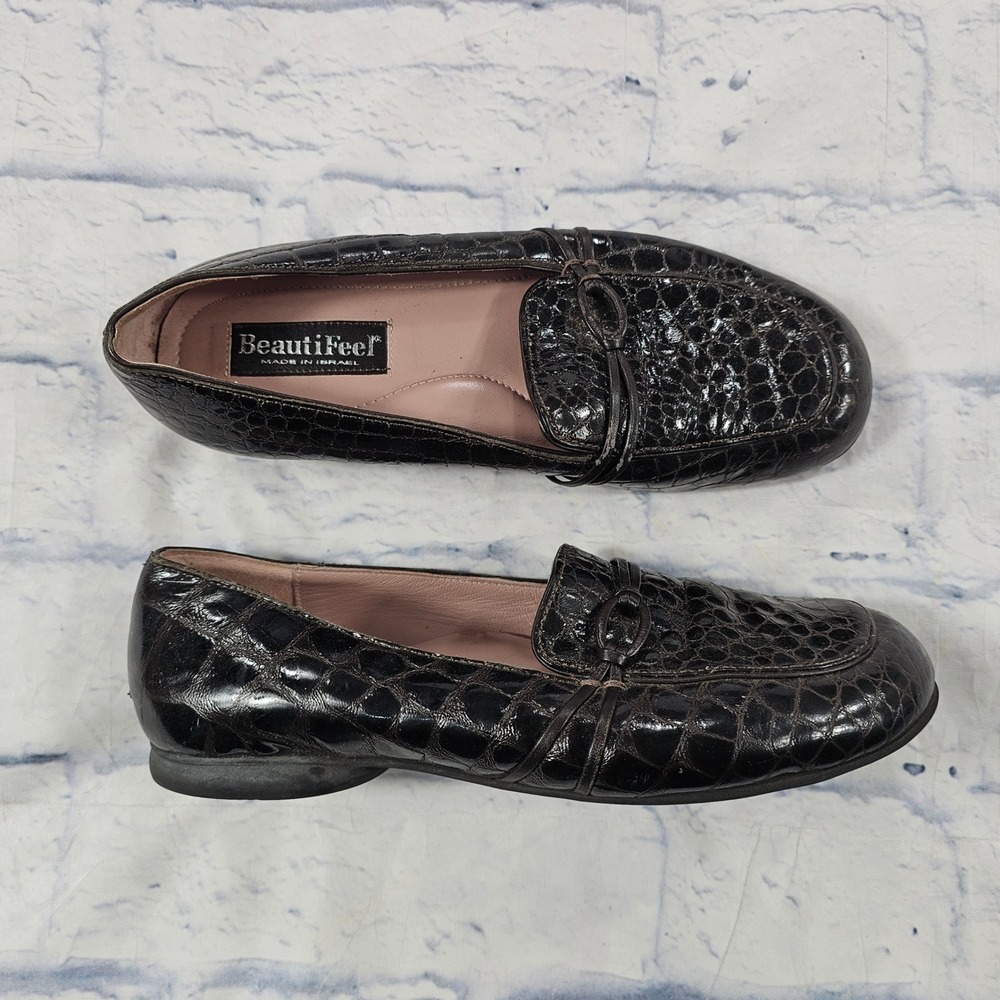 BeautiFeel Loafers Women 38 Brown Croc Patent Leather Bow Made in Israel Shoes